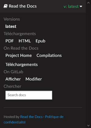 Menu de readthedocs avec téléchargement en PDF.